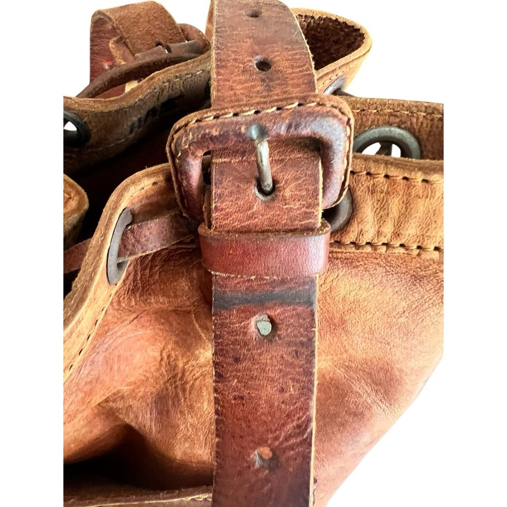Vintage Genuine Leather Bucket Bag Distressed Leather Drawstring Front Pockets - Picture 7 of 16